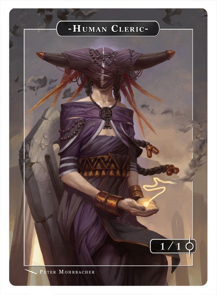 mtg cards that create human tokens Human Cleric Token (1/1) by Peter Mohrbacher